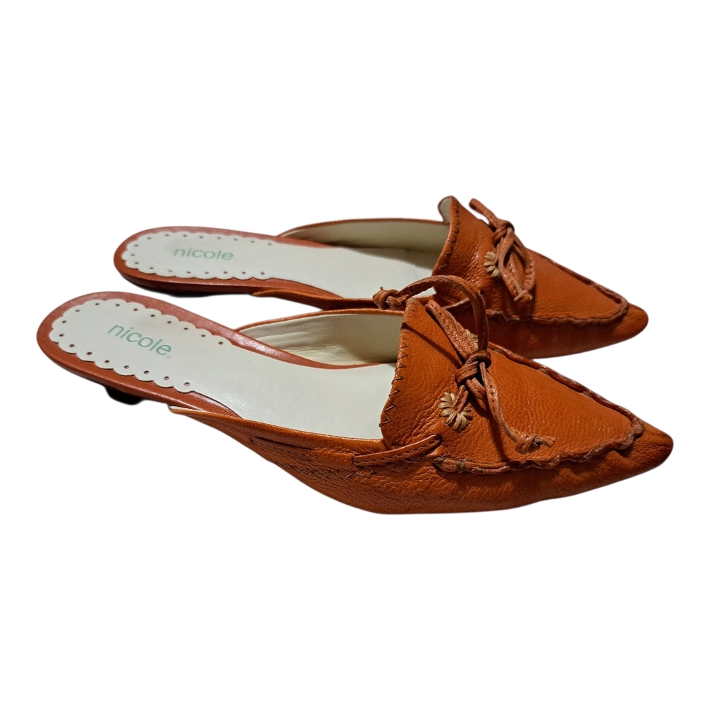 Nicole Orange Mules with Pointed Toe and Bow Detail